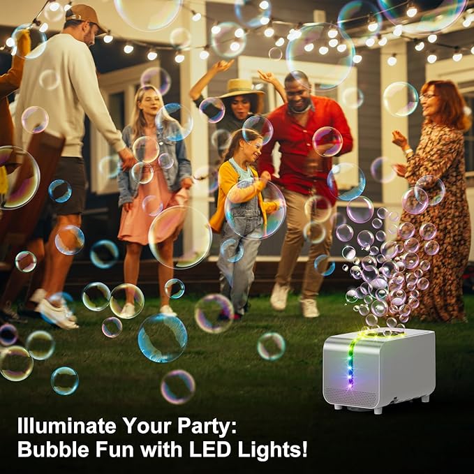 Bubble Machine - Durable Automatic Bubble Blower with LED Lights, Waterproof Motor Over 20,000 Bubbles/Minute, Perfect for Kids' Parties Indoor & Outdoor Fun - Plugin or Battery Powered - Sleek Silver