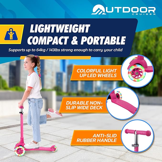 Outdoor Cruiser 3-Wheel Kids Scooter – with Lean-to-Steer Technology, Wide Deck, Led Lighted Wheel, 4-Level Adjustable Height T-bar Handle, Support Kids Up to 150 Lbs, for Boys & Girls Ages 3-8, Pink