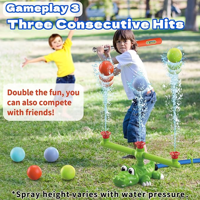 4-in-1 Kids Water Sprinklers T Ball Set & Water Ball Toy, Crocodile Baseball Sprinkler for Backyard Outdoor Summer Toys for Boys Girls Outside Yard Water Game Toys for Kids Toddlers Ages 3-8