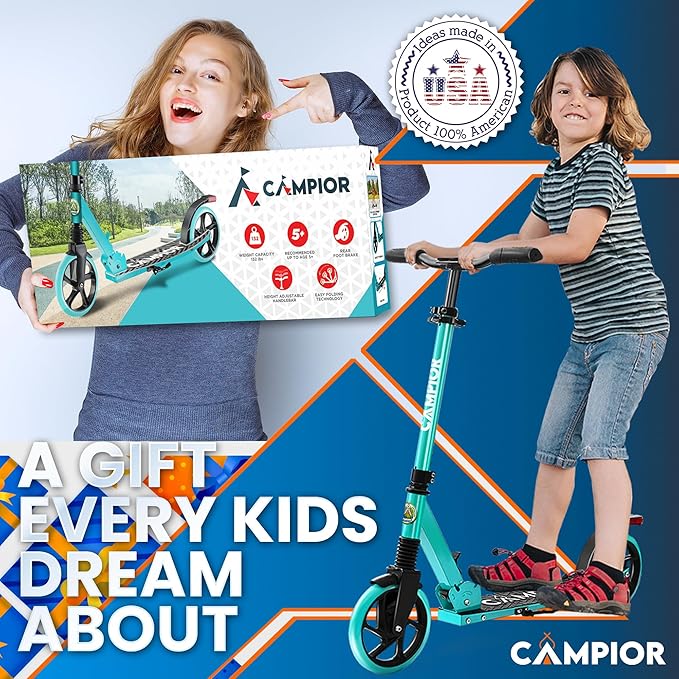 Kick Scooter for Ages 6+, for Kids, Teens, and Adults, Max Load 240 LBS, Foldable, 8-inch Big Wheels for Kids and Adults, with Kickstand, 3 Adjustable Levels, Child Safety Approved, Aqua