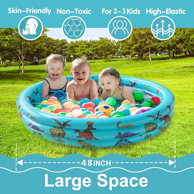 Dinosaur Inflatable Baby Pool - Small Toddler Blow Up 3 Rings Round Pad Pool, Outdoor/Indoor Play Center with Ball Pit & Toys - 48'x12'
