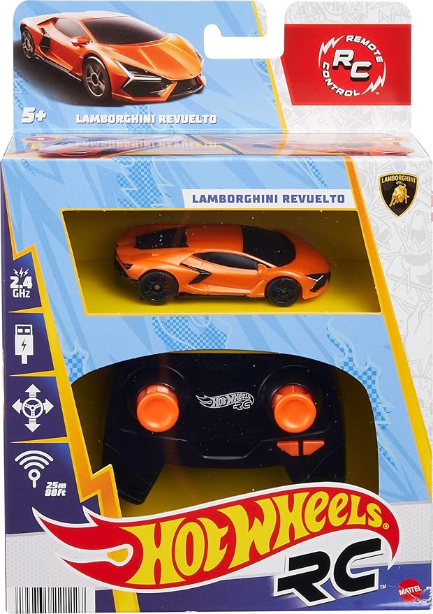Hot Wheels RC Toy Car, Remote-Control Lamborghini Revuelto in 1:64 Scale, Recharge with USB Cable, Races & Stunts On- and Off-Track with Turbo Boost