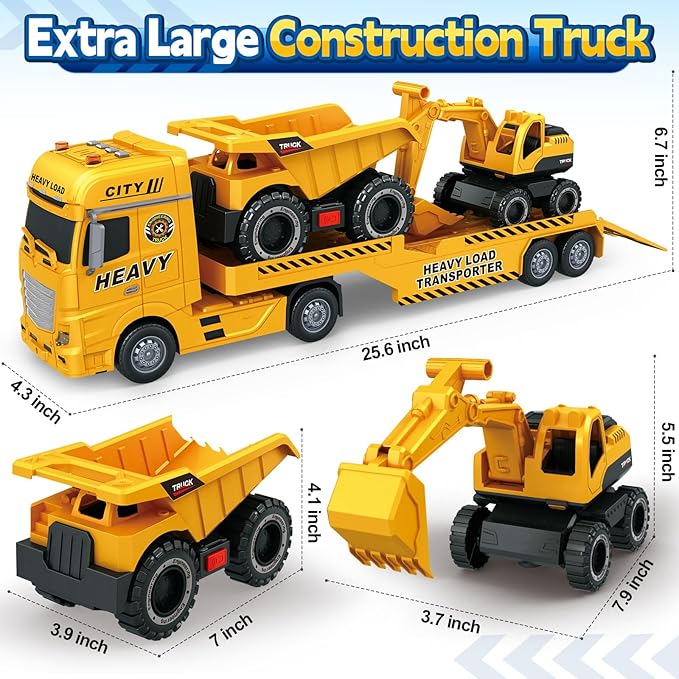 SpringFlower 3 4 5 6 Toddler Boy Toys, 25" Construction Carrier Truck Toy with Excavator and Dump Truck,3 in 1 Truck Boy Toy, Christmas Birthday Gifts for Kids 3 4 5 6 Years Old