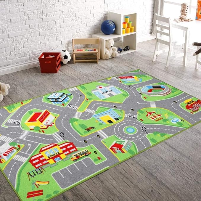 Booooom Jackson Car Rugs for Kids Toy Cars 31X59 Inch,Colorful Fun City Pretend Play - Toddler Car Track Rugfor Bedroom Playroom Non-Slip Backing