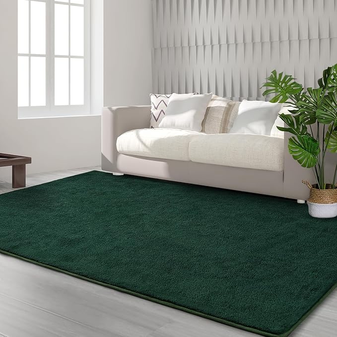 FlyDOIT Area Rugs for Bedroom Living Room, 7x10 Dark Green Super Soft Comfy Thickened Memory-Foam Indoor Carpets, Modern Aesthetic Minimalist Carpet for Boys Girls Adults Apartment Nursery Home Décor