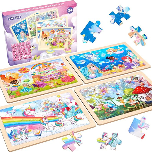 Wooden Puzzles for Kids Ages 3-6+ Unicorn Mermaid Princess Fairy 4 Pack Puzzles for Girls, 24-Piece Toddler Puzzles, Educational Preschool Birthday Christmas Easter Gifts for 3 4 5 6 Year Old Girls
