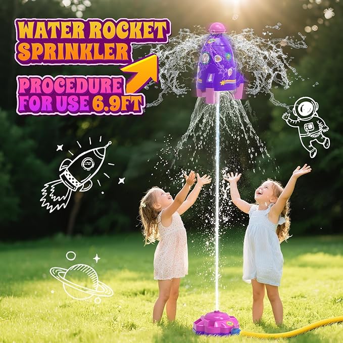 4-in-1 Water Sprinkler Baseball Toy for Kids, Outdoor Water Rocket Sprinkler Launch Toys for Yard, 4 Baseballs & Rocket Launcher Outside Lawn Pool Summer Game Gifts for Boys Girls Ages 3-8 8-12 (Pink)