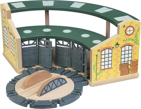 inc. Wooden Train Round House Combo with Rotating Turntable, Train Shed to House 5 Engines or Cars, Wooden Train Track Accessories Compatible with Major Brand Railway Sets