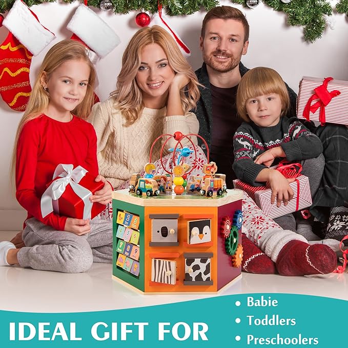 Large Activity Cube, 9-in-1 Farm-Themed Wooden Play Center, Multipurpose Montessori Toy for 1-2 Year Old Baby Toddler Kid, First Birthday Gift | Bonus Magnetic Train Cars