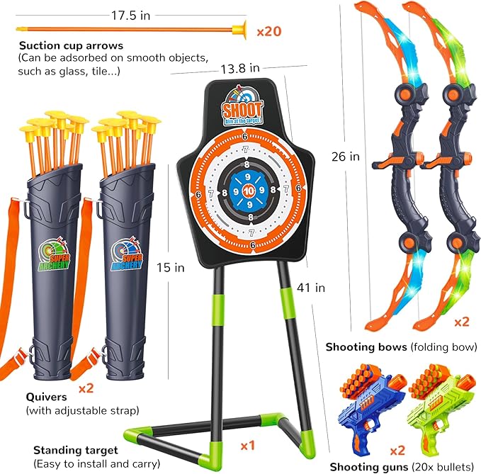 Bow and Arrow for 5 6 7 8 9 10 11+ Year Old Boys, Birthday Gift for Kids, Indoor Outdoor Activity Toys, 2 Pack LED Light Up Archery Toy with 20 Suction Cup Arrows, Standing Target, 2 Quiver