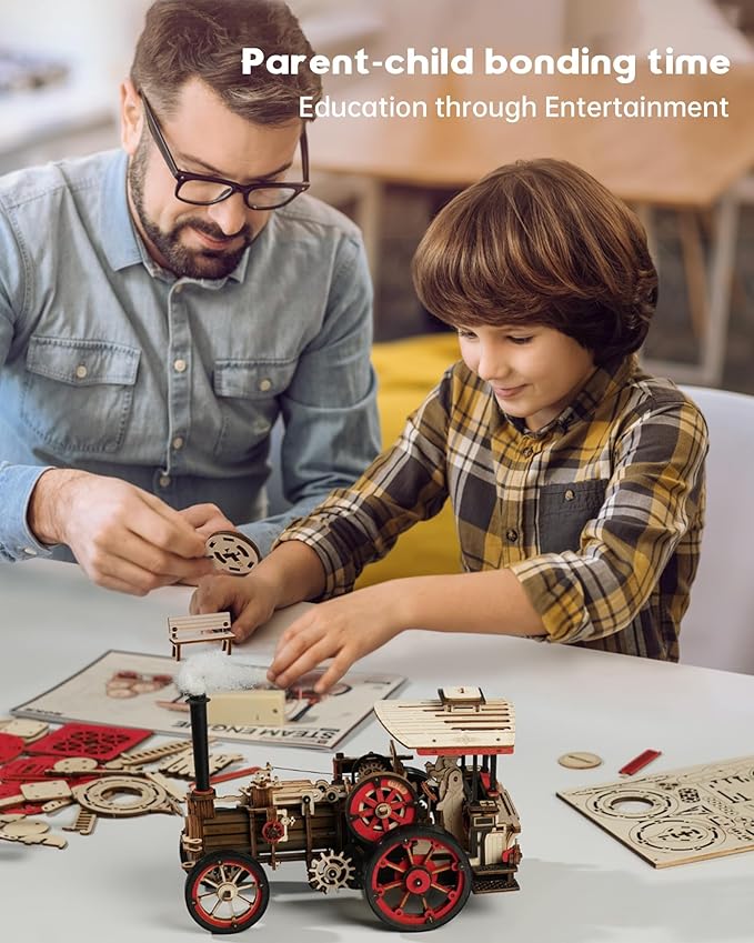 ROKR 3D Puzzle for Adults 469pcs Electric Vintage Car Steam Engine Model Kits, Mechanical Wooden Assembly Puzzles Vehicle DIY Hobbies Christmas Gifts for Men Women