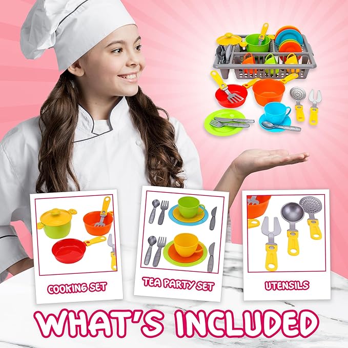 Play Dishes for Kids Kitchen | Pretend Play Kitchen Dishes Set with Drainer | Toy Dishes Kit | Pretend Dishes Cookware Set | Fun and Colorful | Childrens Durable Tableware Playset (33 Pcs)