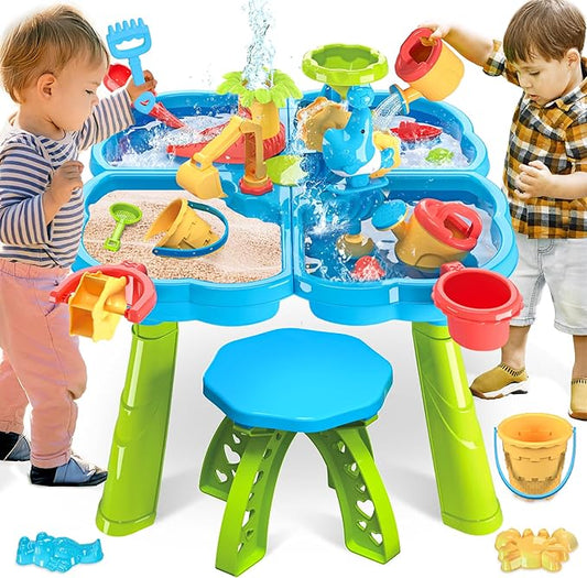 BELLOCHIDDO Water Table for Toddlers 1-3 - 4 in 1 Kids Play Water and Sand Outdoor Activity Sensory Playset with 12 Pcs Toys - Summer Beach Pool Backyard Garden Gifts for Boys Girls 1.5+ Years Old