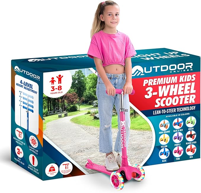 Outdoor Cruiser 3-Wheel Kids Scooter – with Lean-to-Steer Technology, Wide Deck, Led Lighted Wheel, 4-Level Adjustable Height T-bar Handle, Support Kids Up to 150 Lbs, for Boys & Girls Ages 3-8, Pink