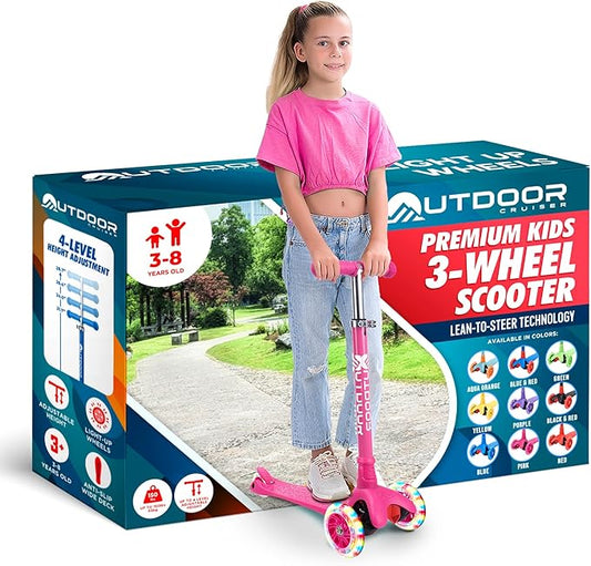 Outdoor Cruiser 3-Wheel Kids Scooter – with Lean-to-Steer Technology, Wide Deck, Led Lighted Wheel, 4-Level Adjustable Height T-bar Handle, Support Kids Up to 150 Lbs, for Boys & Girls Ages 3-8, Pink