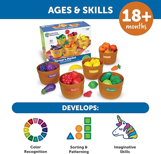 Learning Resources Farmer's Market Color Sorting Set - Play Food for Kids, Toddler Learning Toys, Grocery and Kitchen Play Toys