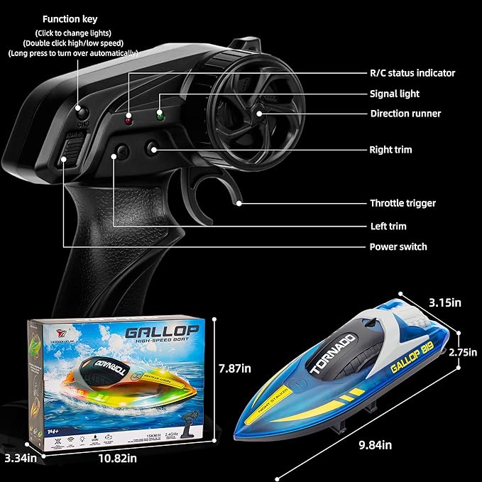 Remote Control Boats for 8-12, 15+ MPH Fast RC Boat with LED Lights, 2.4G RC Electric Speed Boats Pool and Lakes Toys for Kids