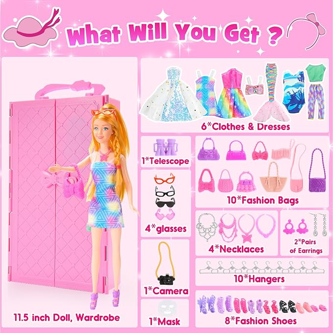 Gifts for 3-12 Year Old Girls, Doll Closet Girl Toys Age 6-8 Dress up Dolls for girls 4-6 with Clothes & Accessories Pretend Play Doll Toddler Toy for 3 4 5 6 7 8 9 Year Old Girl Birthday Gift