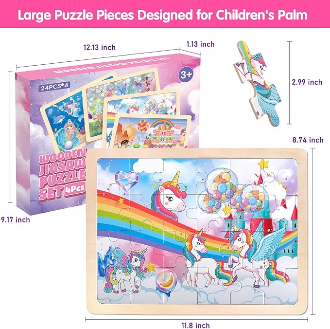Jigsaw Puzzles Wooden Puzzles for Girls Ages 3-5 Unicorn Mermaid Princess Fairy Puzzle Preschool Educational Brain Teaser Boards Toys Gifts for 3 4 5 6 Year Old Kids 4 Packs 24 Pcs