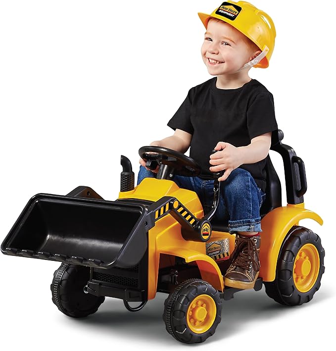 Kid Trax 6V Frontloader Ride-On Toy for Kids, Ages 18-36 Months, Max Weight 44 lbs, Easy Push Button Drive System and Pull Front Bucket Lever, Includes Toy Hard Hat