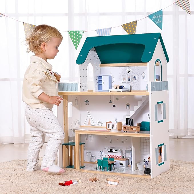 Wooden Dollhouse with Liftable Elevator - 2.6 Feet High Modern Doll House for Kids Toddlers - Including 21 Furniture Pieces, 4 Family Dolls, and 1 pet