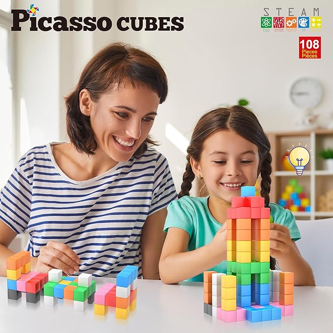 PicassoTiles Magnet Cube Building Blocks 108 Pieces 1.2" 3CM Magnetic Cubes Toy Construction Building Educational Sensory Toys with Idea Booklet for School & Preschool Kids Boys Girls Toddlers PMC303