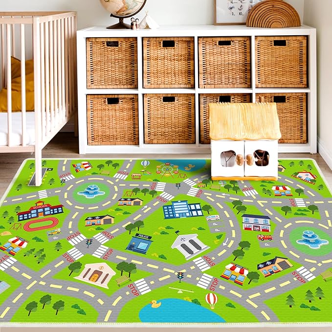 Kids Carpet Car Tack Rug Great for Kids Enjoy City Life- Play Learn Safely and Non Slip- Children Educational Road Rug Traffic Play Mat for Nursery Playroom Classroom(Greem01, 7'10" x 5'3"