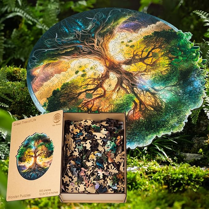 Green Tree of Life Wooden Jigsaw Puzzle for Adult and Kids 300 Pcs Unique Shape Multicolor Wood Storage Box Challenge Brain Teaser Family Game Creative Gift for Friends Rompecabezas Madera