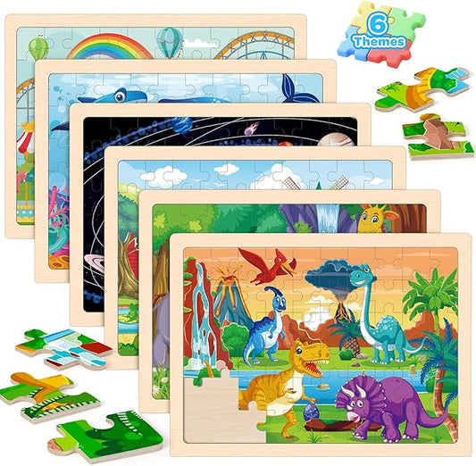 LACCHOUFEE 6 Pack Wooden Vehicle Puzzles for Kids Age 3 4 5 Year Old, 60 Pcs Montessori Toddler Animals Jigsaw Puzzles for Girl boy Activities Preschool Learning Birthday Gift Travel Autistic Toy