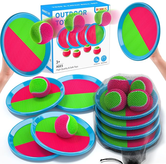 Bennol Toss and Catch Ball Game for Kids, 4 Paddles, 4 Balls & Storage Bag, Outdoor Toys for Ages 3-10, Yard Backyard Beach Games
