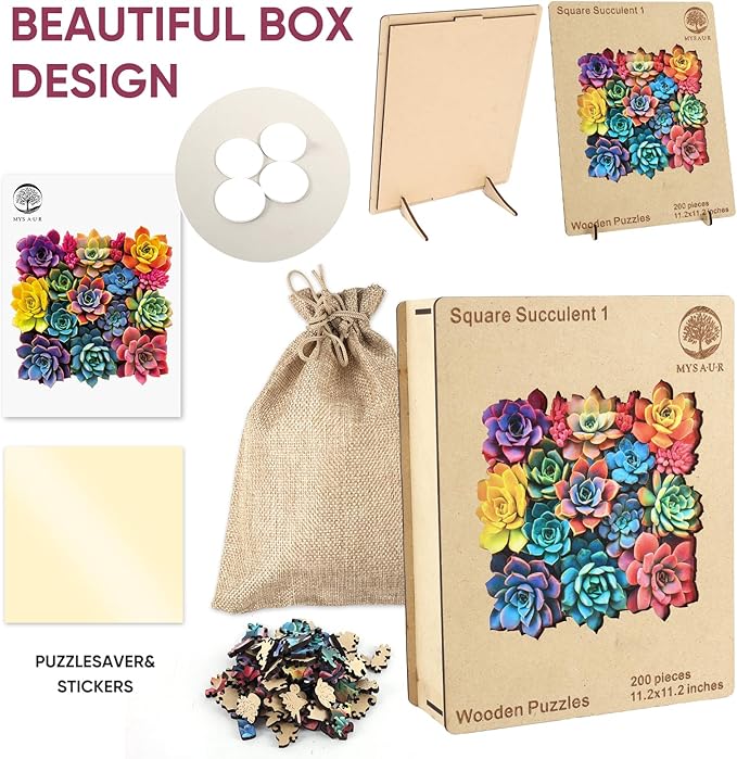 Puzzles for Adults 500 Pieces, Square Succulent Wooden Puzzles, 5MM Thick Unique Shaped Flower Jigsaw Puzzles Birthday Gifts for Kids Family Game 16.5 * 16.5inch