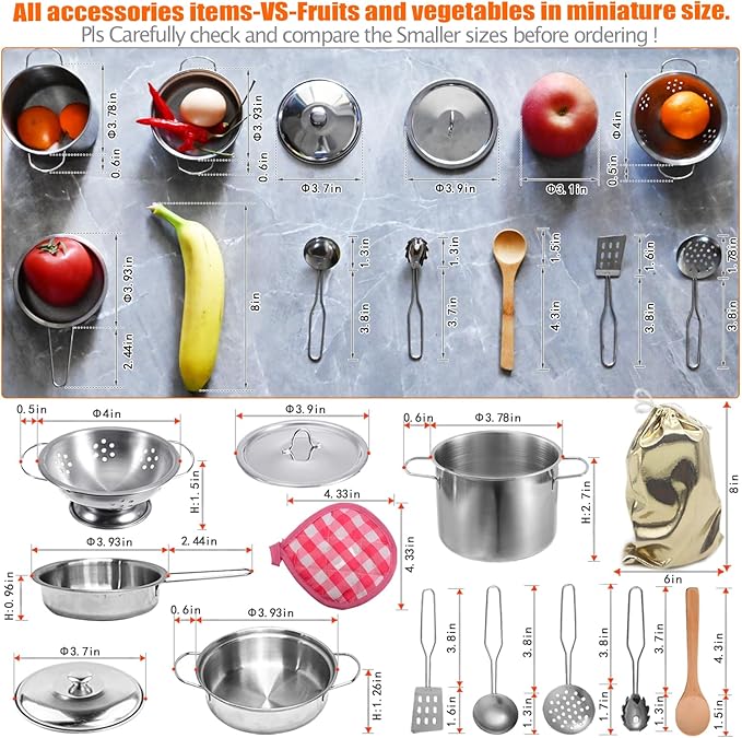 Play Pots and Pans Toys for Kids Kitchen Playset Pretend Cookware Utensils Play Set Play Cooking Toys Mini Stainless Steel Cooking Utensils Toys Kitchen Playset Accessories for Boys Girls