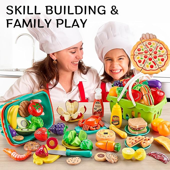 85Pc Pretend Play Food Sets for Kids Kitchen, Cutting toy food with 2 Baskets, Play Kitchen Accessories for Toddlers, Fake Food with Pizza Veggies Fruits, Kids Kitchen Toys, Boys Girls Gift.
