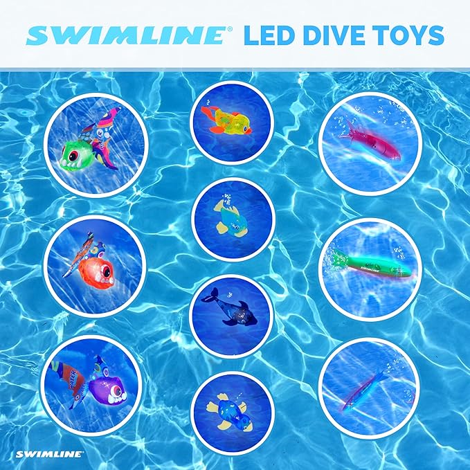 Swimline Original 3-Pack Diving Toys LED Light-Up Glowing Fun Torpedo Turbos Catch The Fish Retrieval Game for Swimming Pool & Bath Tub for Kids Multi Color Flashing Underwater Dive Practice Learn