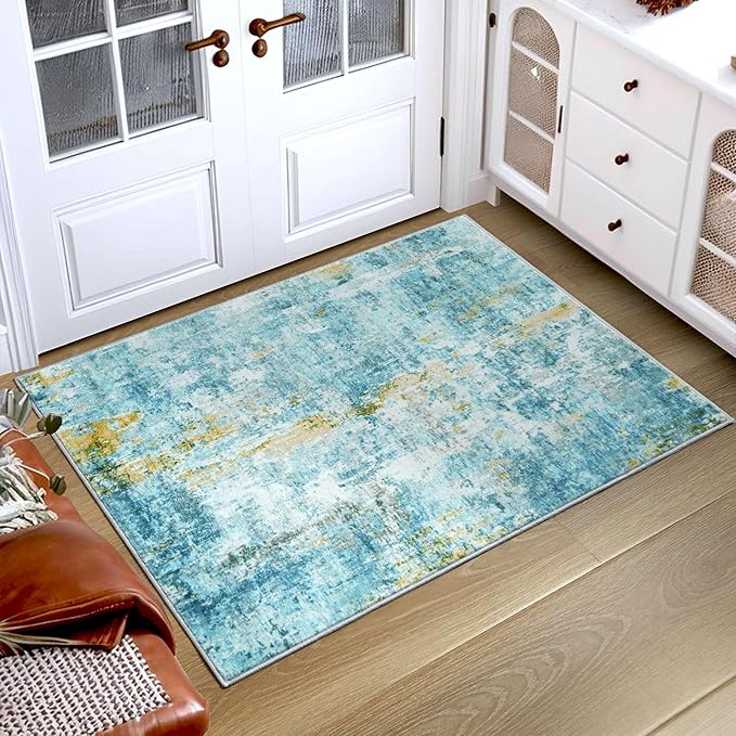 Entrance Rugs Indoor 2x3 Teal Blue Entry Rug Washable Abstract Small Area Rug Non-Slip Low Pile Throw Rugs for Entryway, Kitchen Floor, Front Door Indoor Door Mat, Bathroom, Bedroom Bedside
