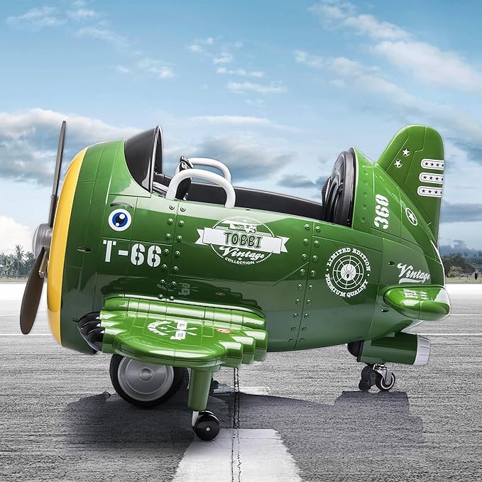 Electric Car for Kids Ride On Airplane Toy TOBBI Battery Powered 12V Kids' Electric Vehicle Rideable Airplane with Remote Control/Bombing Sound -Army Green