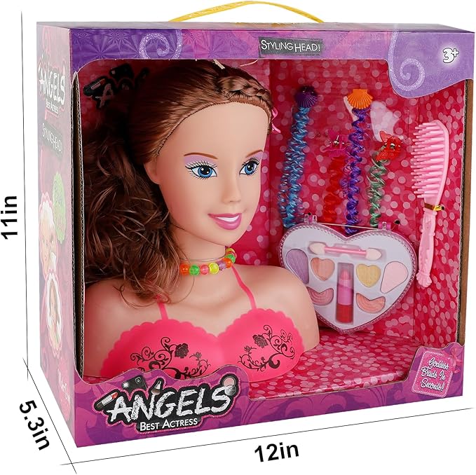 Makeup and Hair Styling Doll Head Toy Kit - Kids Pretend Play Set with Real Washable Cosmetics and Style Accessories for Little Girls