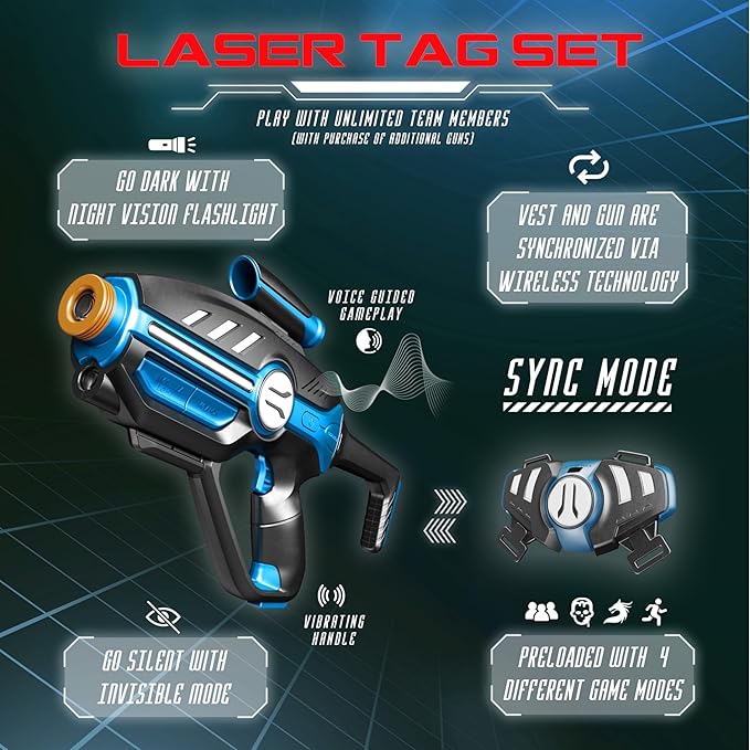 Laser Tag Set for Kids, Teens & Adults - 4 Blasters + 4 Vest Sensors with 4 Multi-Game Modes - Fun Ideas Age 8+ Year Old Toys - Includes Accessories - Boys & Girls Outdoor Teenage Group Activities