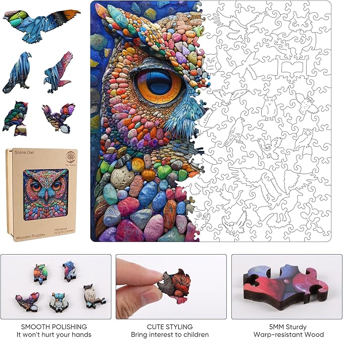 Wooden Jigsaw Puzzle for Adults and Kids Unique Shape Wood Colorful Beautiful Box Fun Challenge Brain Health Family Game Creative Gift for Friends Rompecabezas Madera(Stone Owl 200pcs)