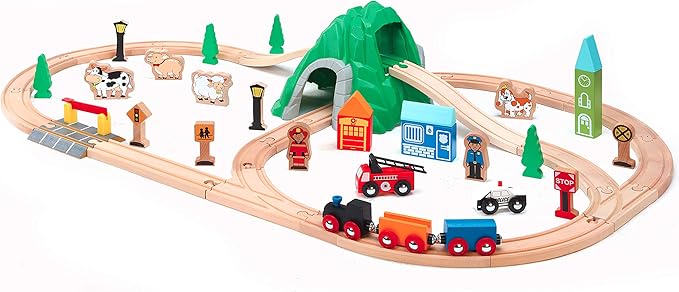Maxim 50pc Mountain Train Set Set for Toddler with Double-Side Train Tracks Fits Brio, Thomas, Melissa and Doug, Kids Wood Toy Train for 3,4,5 Year Old Boys and Girls