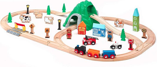 Maxim 50pc Mountain Train Set Set for Toddler with Double-Side Train Tracks Fits Brio, Thomas, Melissa and Doug, Kids Wood Toy Train for 3,4,5 Year Old Boys and Girls