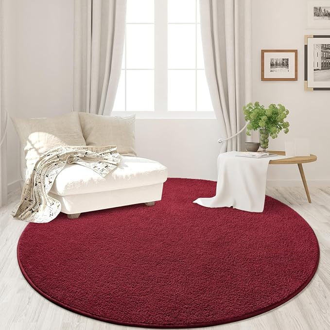 FlyDOIT Round Area Rugs for Bedroom Living Room, 6x6 Rose Red Super Soft Comfy Thickened Memory-Foam Indoor Circle Carpets, Modern Aesthetic Minimalist Carpet for Boys Girls Adults Nursery Home Décor