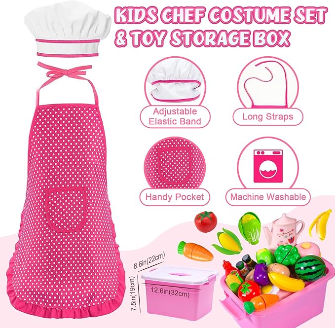121Pcs Play Kitchen Accessories, Kids Kitchen Playset, Pretend Play Food Tea Party Set, Toy Kitchen Kids Cooking Real with Apron&Chef Hat, Utensils Cookware Pots&Pans, Toy Organizer, Toddler Toys Gift