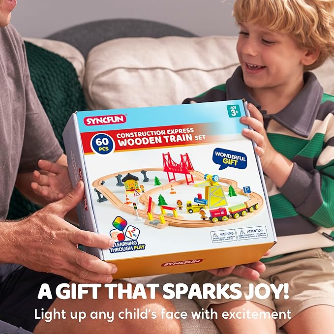 60PCS Wooden Train Set - Construction Express, Engineering Railway with Magnetic Crane, Trains & Accessories, Perfect Christmas Birthday Party Toy Gift for Kids Toddlers Boys Girls Ages 2-8