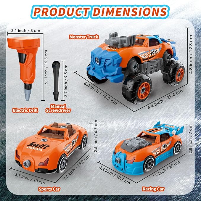 Pup Go 3-in-1 Take Apart Car for Boys with Electric Drill, 43Pcs Construction Toy Truck, Build Your Own Car with Play Tools, Ideal STEM Gift for Kids Children Ages 3 4 5 6 7 Year Orange