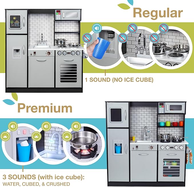 Lil' Jumbl Kids Kitchen Set, Pretend Wooden Play Kitchen, Battery Operated Icemaker & Microwave with Realistic Sound, Pots & Pan Included - Charcoal