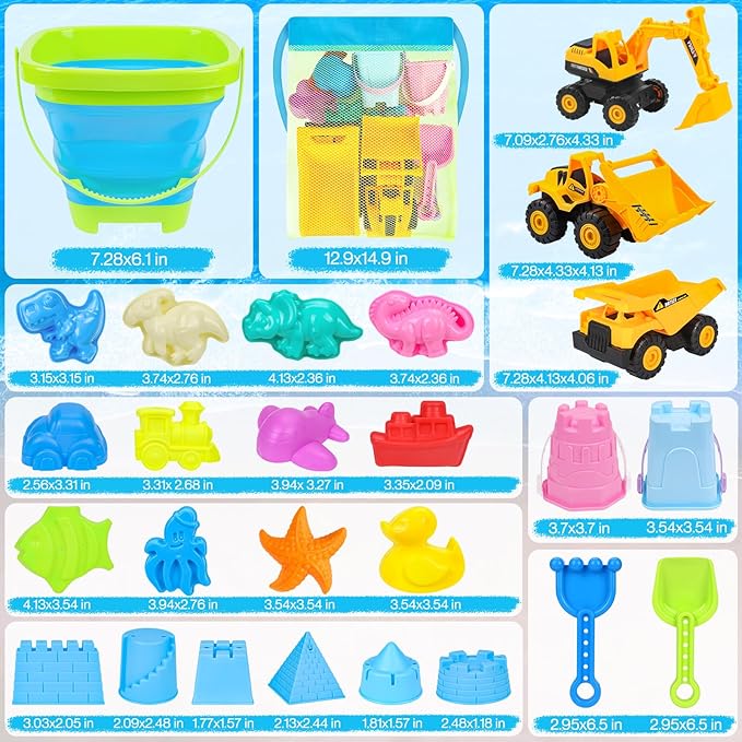 Beach Toys, 35Pcs Sand Toys with 3 Construction Vehicles, 3 Collapsible Beach Bucket, Sand Castle Building Kit, Sand Molds, Shovel Set, Mesh Bag, Travel Toys for Toddlers Kids Boys Girls