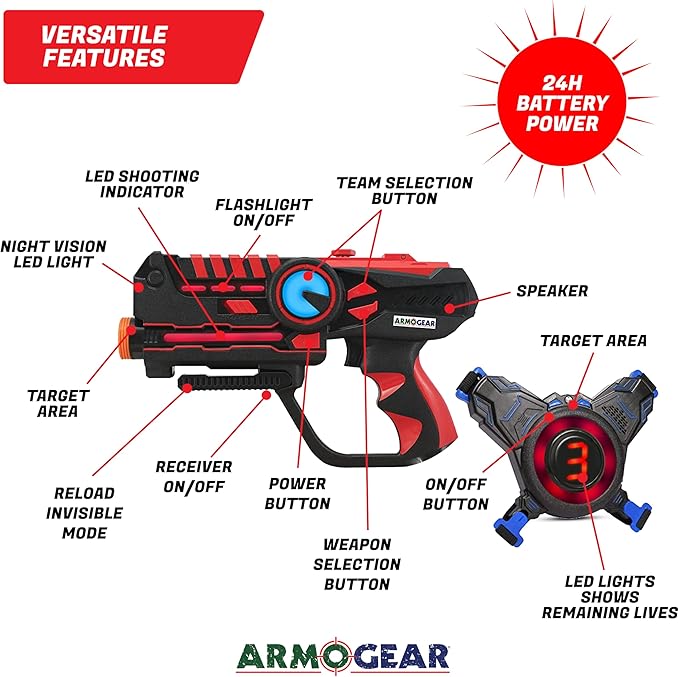 ArmoGear Laser Tag Guns with Vests Set of 4 - Adult Laser Tag Guns, Multiplayer Lazer Tags Set for Kids, Teens, and Adults - Indoor and Outdoor Game for Family Fun - Gift for Boys and Girls, Ages 8+