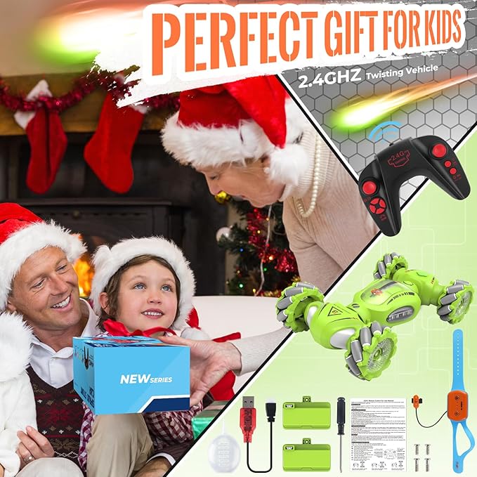 Gesture Sensing RC Stunt Car Toys Gifts for 6-8 8-12 Kids, 2.4Ghz 4WD Hand Controlled RC Car with Light & Music & Spray, Double-Sided 360° Rotating Birthday for Boys