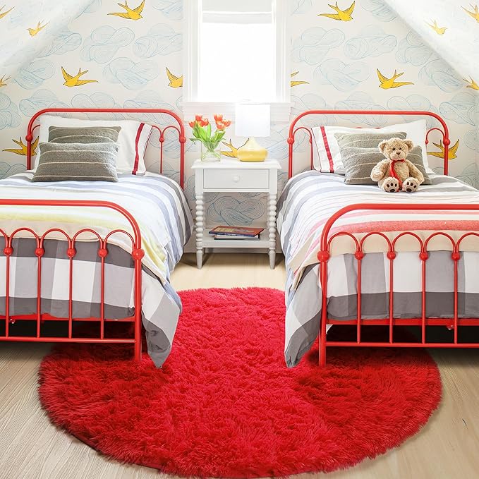 Amdrebio Red Round Rug 5Ft for Boys Bedroom, Fluffy Fuzzy Circle Area Rugs for Kids Room Decor Aesthetic, Plush Shaggy Furry Carpet for Living Room Nursery Dorm Classroom, Shag Baby Teen Christmas Rug